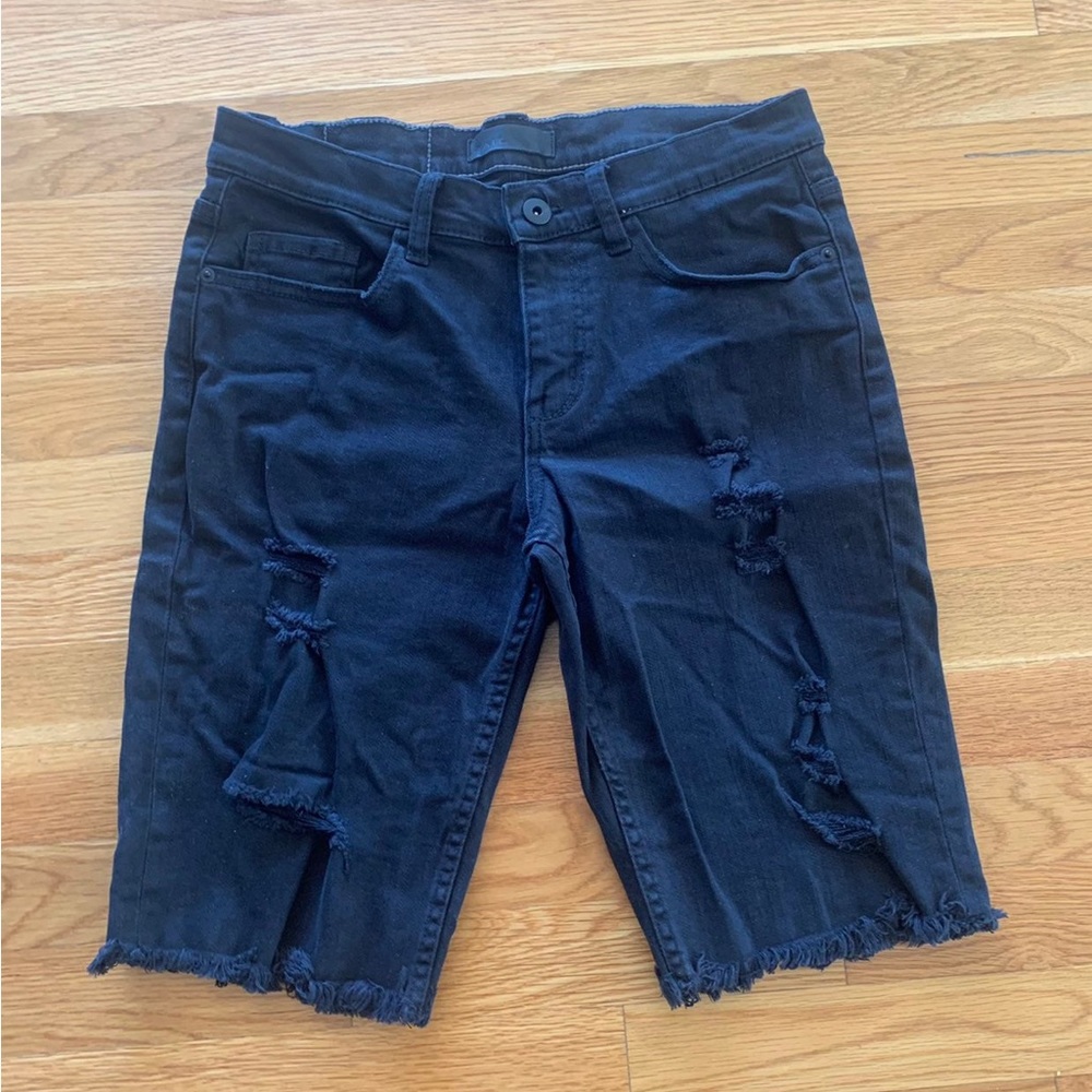 THE RAIL Mens Boys Black Distressed Raw Edge Slim Denim Jean Short Bottom Sz 29